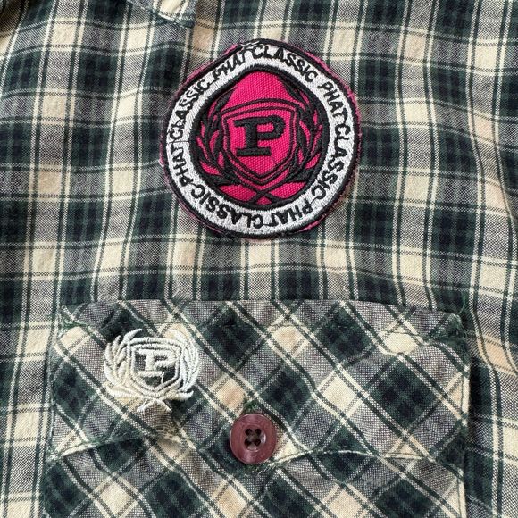Y2K PHAT FARM Mens Embroidered Plaid Button Down Long Sleeve Shirt - Picture 4 of 6